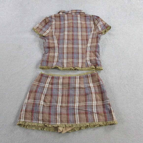 Cider Cotton Plaid Mini Skirt Set Women XS Brown Plaid Two Piece Outfit Collared - Picture 3 of 10